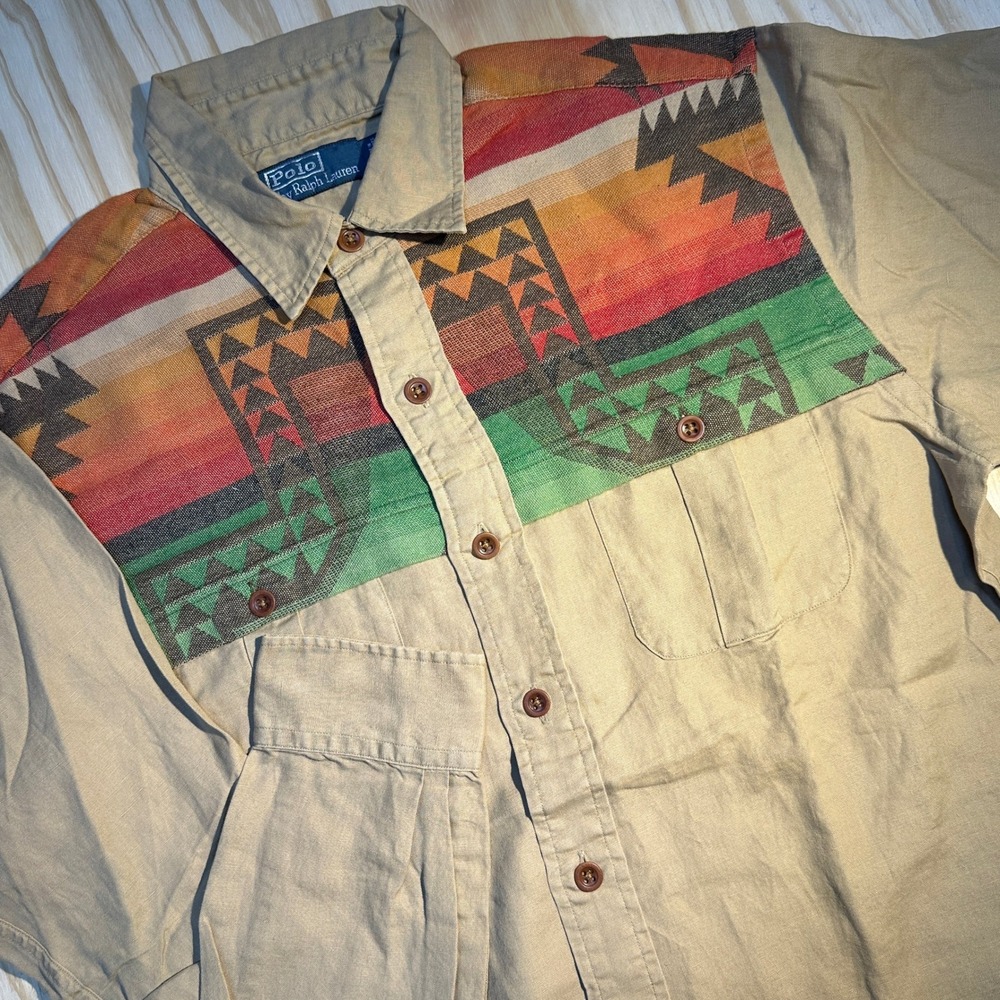 Polo Ralph Lauren Men's Button Up Shirt Khaki Aztec Southwestern Print Size M